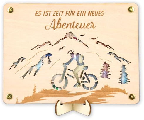 Holz Geldgeschenk Geburtstagsgeschenk für Bergsteiger und Radfahrer | In wenigen Minuten montiert,Für Fotos & Gutscheine kombinierbar,Zwei Holzkarten 20×15 cm,Nachhaltiges Holz mit Lasergravur