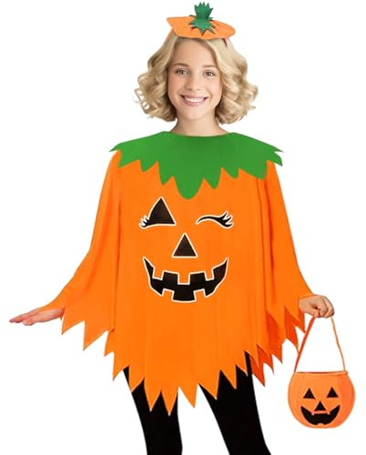 AOLIUP Deguisement Halloween Femme - Deguisement Citrouille Femme - Costume Cape Citrouille Adulte avec Chapeau et Sacs à Bonbons
