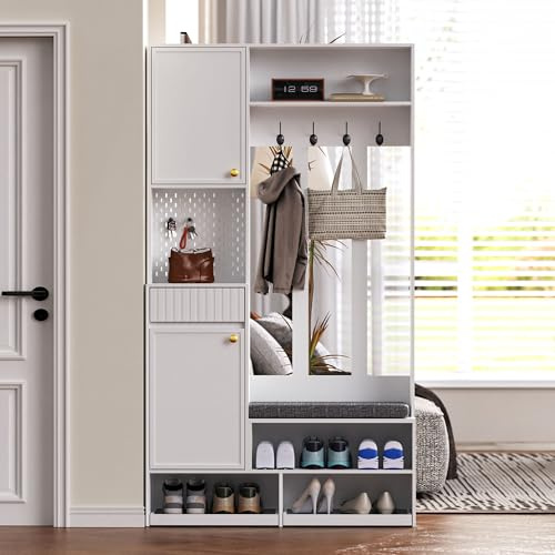 Merax Flurgarderobe Garderobenschrank Flur, Garderobe mit Sitzbank, Schuhschrank, praktische Lochwand, 4 Haken, Schließfach, Schublade, Garderobenständer für Eingangsbereich, 100×35×180cm, Weiß