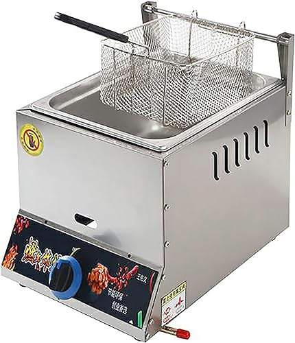 HPTHLY Friggitrice A Gas in Acciaio Inox da Banco, Friggitrice A Gas Gpl, Friggitrice A Gas da Banco Commerciale, per Patatine Fritte, Friggitrice A Gas da Cucina per,8L+1xFried Basket