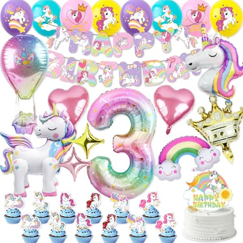 Einhorn Deko-Set Kindergeburtstag 3 Jahre - Komplettes Party Set mit 4D Luftballons, Banner & Tortendeko - Geburtstagsdeko für Mädchen, Einhorn Geschenk