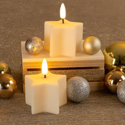 Ideen mit Herz LED-Kerzen in Sternform | 2 Stück | cremefarben | Weihnachten | warmweiß | realistischer Flacker-Effekt | batteriebetrieben