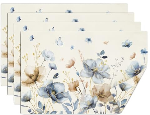 comfoyar Braun Mohn Blumen Platzsets 4er Set, rutschfeste Leinen Frühling Aquarell Blumenmotiv Tischsets Waschbare, Rechteckig Platzdeckchen für Innen, Küche, Esszimmer Partytisch Dekoration(30x45cm)