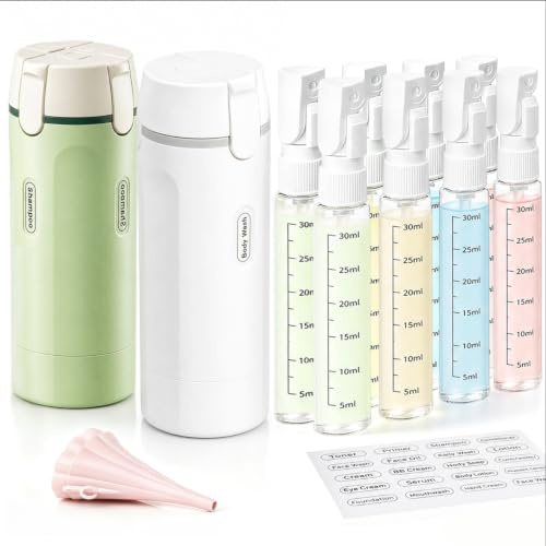 2er Pack Reiseflaschen zum Befüllen, 4 in 1 Reisespender mit Skala, Etikett | 8×30ml Reisespender, Reise Gadgets Reiseflaschen, Reise Dispenser 4 in 1 für Shampoo, Lotion und Crem