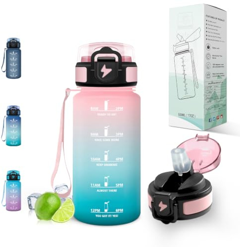 Motswedi Borraccia 500 ml, con cannuccia, Bottiglia d'acqua Motivazionale, con Indicatore di Tempo, Borraccia Palestra, per Scuola, Palestra, Yoga, Rosa Verde
