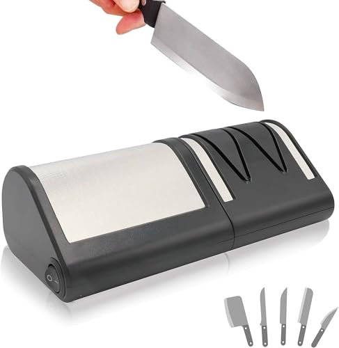 FISHTEC Afilador Eléctrico de Cuchillos de cocina - Afilado + Pulido a 2 niveles - Cuchillos metal o cerámica - Discos abrasivos de diamante - 21 CM - Negro