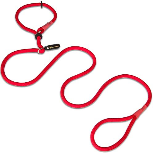 Hundefreund Retrieverleine mit Zugstopp 200 cm | 120g Extra Leichte Moxonleine: Hundeleine geflochten mit Halsband in einem | Rote Agility Trainingsleine für Hunde