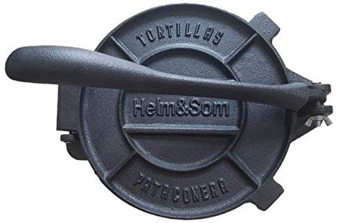 Helm & Som Pre-Seasoned Cast Iron Tortilla Press Pataconera (8 inch) | 100 Pieces of Parchment Paper Included | Tortilla Maker| Roti Press | Perfect for Your Home or Restaurant