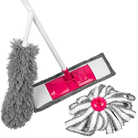 Kleeneze KL065957EU 4-Piece Cleaning Set, Includes Flat Mop, Microfibre Duster, Mop Head and Interchangeable Handle, Compact Design, Grey/Pink
