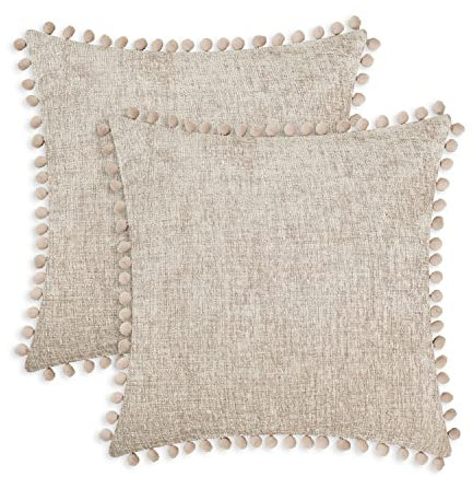 CaliTime Kissenbezüge 2er-Pack Kuschelige, durchgefärbte, weiche Chenille-Kissenbezüge mit Pom Poms für Couch Sofa Dekoration 50cm x 50cm Taupe