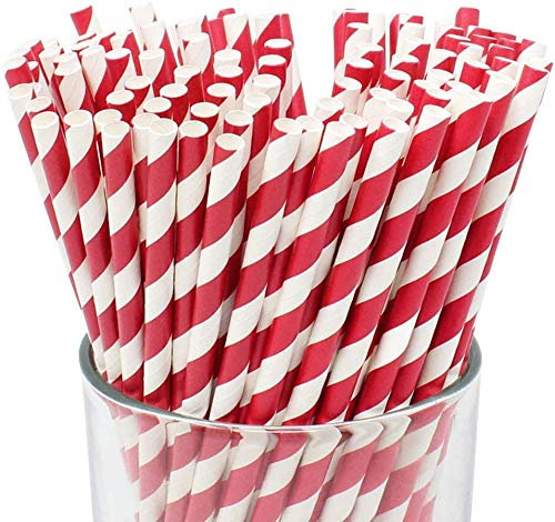 Lot de 250 pailles en papier biodégradables 8 mm x 250 mm Rayures rouges et blanches pour boissons, anniversaires, fêtes, Noël, café, restaurant, mariage