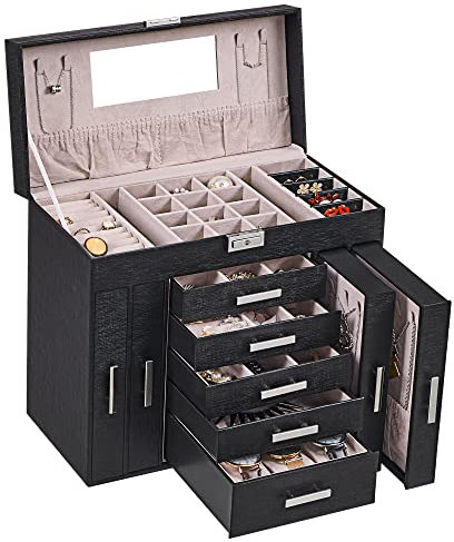ANWBROAD Huge Jewellery Organizer Box 6 Tier 40 Necklace Hooks Display Storage Case with Lock Mirror Jewellery Box Earrings Rings Necklaces Bracelets Earrings Gift Faux Leather JJB018B