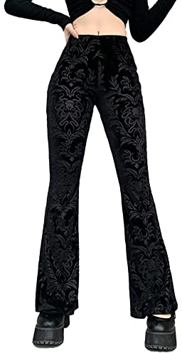 FEOYA Gothic schwarze Spitzenhose für Damen, elastische Taille, viktorianische Glockenhose, Netzstoff, Punk, Disco-Hose