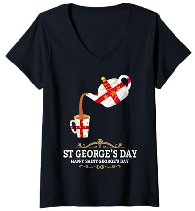 Women's St Georges Day Outfit Idea For Kids & Teapot English Flag V-Neck T-Shirt