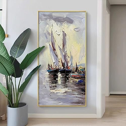 Handgemalte Acrylbilder Abstrakt,Extra Große Ölgemälde, Handgemalte Ozean-Segelboot-Kunstbilder, Rahmenlose Strukturierte Kunstwerke, Original-Wandgemälde Für Wohnzimmer, Schlafzimmer, 50 X 100