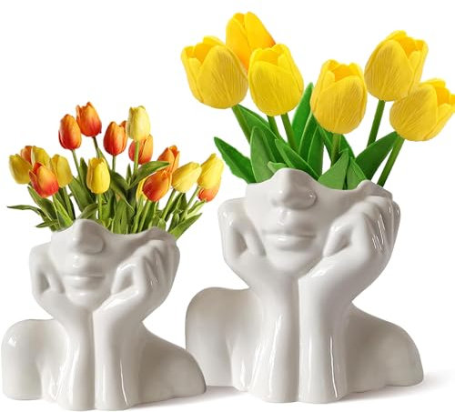CEMABT Gesicht Vase 2er Set, Blume Vase Dekor, Keramik Körper Vase Weibliche Form Ideale Regal Dekor, Moderne Bauernhaus Tisch Dekor, Kleine Nette Vase Bücherregal Dekor Halbgesicht Vase(groß+klein)