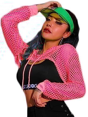 Avidlove Women's Crop Tops Long Sleeve T Shirt Fishnet Hoodies Party Outfit Rave Clothing Mesh Ladies Short Sweatshirt with Drawstring Neon UK Pink S