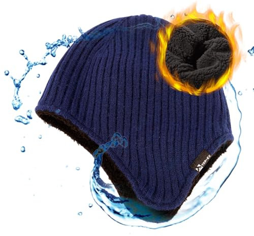 Übergroße XL/XXL Merinowoll Mischung Fleece Futter wasserdichte Ohrenschützer Beanie Mütze Extra groß große Köpfe Männer Frauen Winter gestrickte warme Schädelmütze Skifahren kaltes Wetter Marineblau
