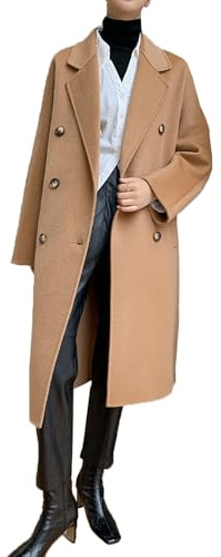 MASUCOR Damen Wollmantel Zweireihiger Herbst Winter Mantel mit Taschen Gürtel Langarm Mittellanger Trenchcoat Unterhalb Des Knies Kaschmir Wolle Trenchcoat