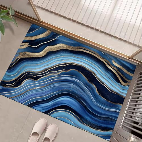 COSKTIARL Abstrakt Home Fußmatte - Türmatte für Innen und Aussen - Fussmatte - Sauberlaufmatte rutschfest - Fußabtreter Haustür - blaugoldener Wellenmarmor Design 80x120cm