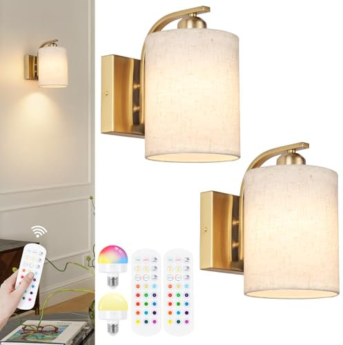 Battery Wall Light Wireless Set of 2, Rechargeable Wall Lights with 5000mAh Dimmable Detachable Charging Bulbs and Remote,3 Color Temperature Wireless Wall Light for Living Room Bedroom Hallway(Gold)