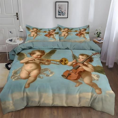 Retro-Malerei 3D Bettbezug 135 X 200 cm Engel Bettwäsche Set Mikrofaser Weiche Bettbezüge, Mit Reißverschluss Und 2 Kissenbezug 80 X 80 cm