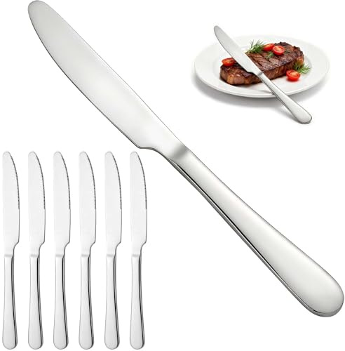 Flying Leaves 6 Piece Stainless Steel Dinner Knives Set, 9 Inch Table Knives with Mirror Polished Blade, Serrated Edge Cutlery for Kitchen, Dishwasher Safe - Ideal for Home, Restaurant, Gifting