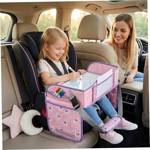 Faticenic Vassoio da Viaggio per seggiolino Auto per Bambini, Vassoio da Viaggio per Bambini con Cinghie di Sicurezza e Tasche portaoggetti, seggiolino Auto per Disegno e intrattenimento in Movimento