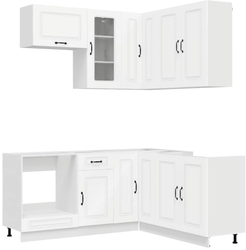 HFXHIJXQ Küchenzeile Kalmar 8-teilig Weiß, modulare Einbauküche aus Holzwerkstoff, Flexibler Küchenblock und Eckküche ohne Arbeitsplatte für Küche und Esszimmer