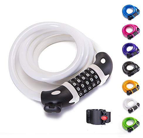 Catena con lucchetto per bicicletta, con combinazione a 5 cifre, con nucleo in filo di acciaio, lucchetto di sicurezza e serratura portatile per bicicletta, 1,1 m x 1/2, 400 g (bianco)