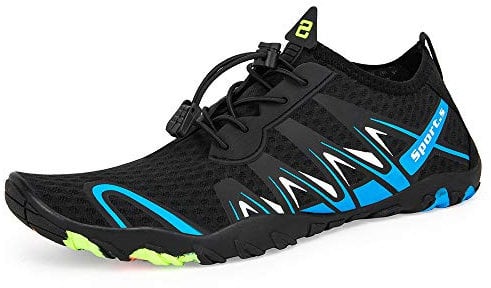 Strandschuhe Damen Herren Wasserschuhe Badeschuhe Unisex Atmungsaktiv Leicht Barfußschuhe rutschfeste für Schwimmen Tauchen(S901 Schwarz Blau, 42EU)