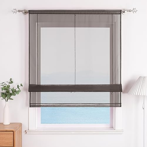 ESLIR Raffrollo Küche Raffgardine mit Tunnelzug Bändchenrollo Weiß Voile Gardinen Transparent Grau BxH 120x155cm 1 Stück