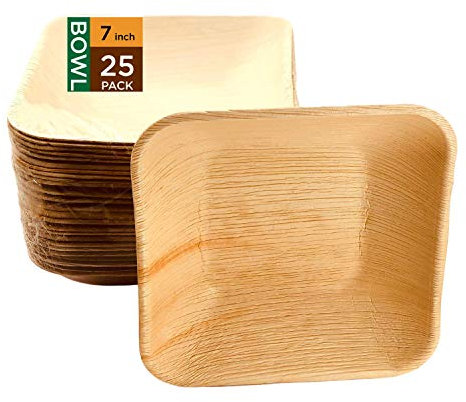 Raj Palm Leaf Bulk Bowls [25-Pack] 7 Square Bowl Like Bamboo Bowls Disposable, Strong, Decorative Compostable Tableware for Wedding, Lunch, Dinner, Birthday, Camping, Outdoor BBQ, Picnic…
