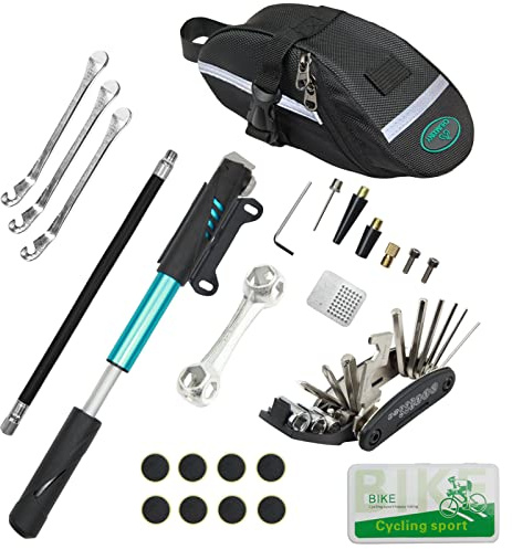 Chumxiny Bike Repair Kit Contains 16-in-1 Tool, 120Psi Mini Bicycle Pump, Tire Patch, Used for Mountain/Road Bike.(Blue)