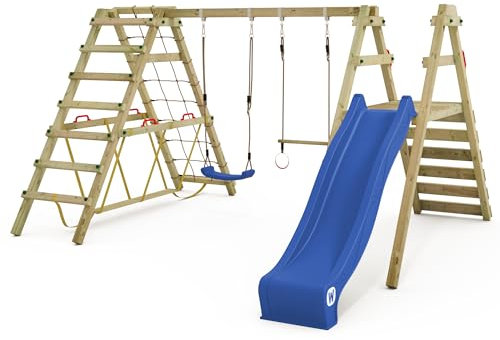 WICKEY Balançoire pour Enfants Portique de balançoire Smart Shake avec Toboggan Bleu et annexe à Grimper, balançoire, portique de balançoire, balançoire Double, balançoire en Bois pour Le Jardin
