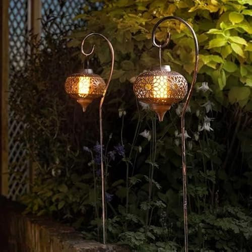 Garden Mile Lot de 2 lanternes solaires sur piquet - Lampes solaires d'extérieur à énergie solaire - Lampes de jardin étanches - Lampe sur pied - Effet flamme (Osman)