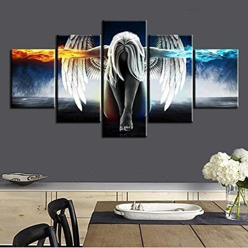 CWLYXT Multi-Panel-Druck Engel Feuer und Eis Leinwand 5-teilige Wandkunst Flügel Frau 5-teilige Bilder Gemälde HD-Druck ohne Rahmen, 30 x 40, 30 x 60, 30 x 80 cm