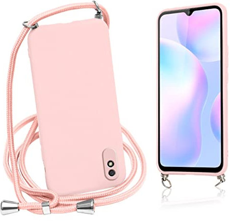 Vauki Handykette Hülle für Xiaomi Redmi 9AT / Redmi 9A Rosa Handyhülle mit Band/Kordel Necklace, Weich Silikon TPU Stoßfest Bumper Schutzhülle zum Umhängen Handykordel Schnur mit Case für Redmi 9A