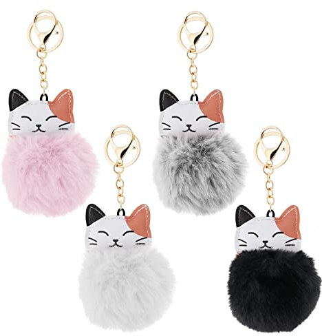 Create idea 4 Stück Katze Schlüsselanhänger Flauschige Kunstpelzkugel Anhänger Schlüssel Dekoration Auto Ornament Frauen Handtasche Zubehör Schwarz Weiß Grau Rosa