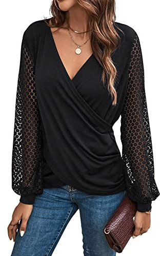 GORGLITTER Damen Elegant Blusen Spitzenärmel Oberteile Langarm T-Shirt Wrap Pullover V-Ausschnitt Herbstshirt Schwarz M