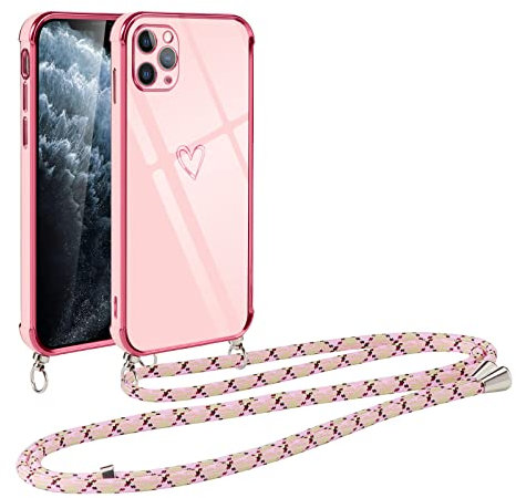 Vauki Handykette für iPhone 11 Pro Max Hülle mit Band, Handyhülle mit Kette, Herz Motiv, Ultra Dünn Stoßfeste Aesthetic Case mit Kordel zum Umhängen für iPhone 11 Pro Max 6.5 Zoll, Rosa