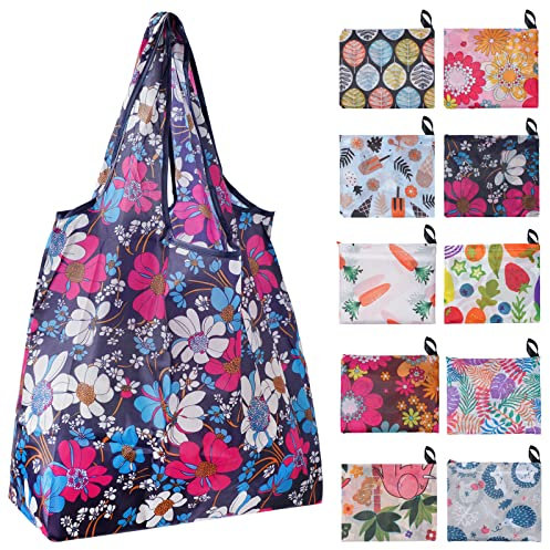 Chuboir 10pcs Large Foldable Shopping Tote Bags, Reusable Eco Grocery Tote Bags Foldable in a Pouch, Washable Grocery Shopping Bags for Daily Shopping Travel Storage