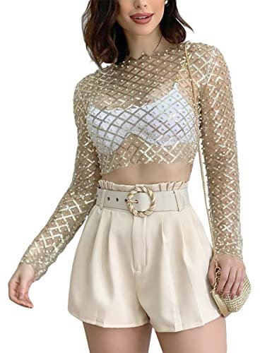 YILEEGOO Women See Through Mesh Pearl Long Sleeve Crop Top Beaded Sequin Sparkle Sheer T-Shirt Swimsuit Cover Up (Gold, L)