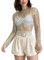 YILEEGOO Women See Through Mesh Pearl Long Sleeve Crop Top Beaded Sequin Sparkle Sheer T-Shirt Swimsuit Cover Up (Gold, L)