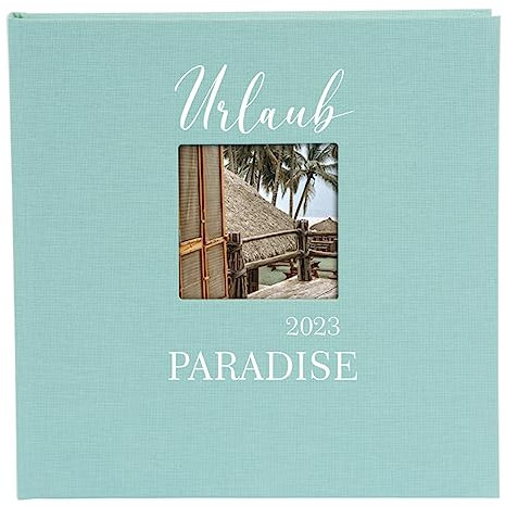 AWASG Fotoalbum Reise zum selbstgestalten | Fotobuch 25x25 cm personalisiert mit Namen | Album für Urlaub Fotos aus Leinen 60 Seiten weiß (mint)