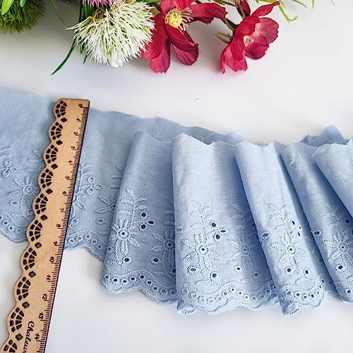90mm Spitzenband aus 100% Baumwolle, Blau, OEKO-TEX, Vintage-Stil Broderie Spitze, Spitzenbordüre, Spitzenborte zum Nähen, Spitzenbesatz, Meterware