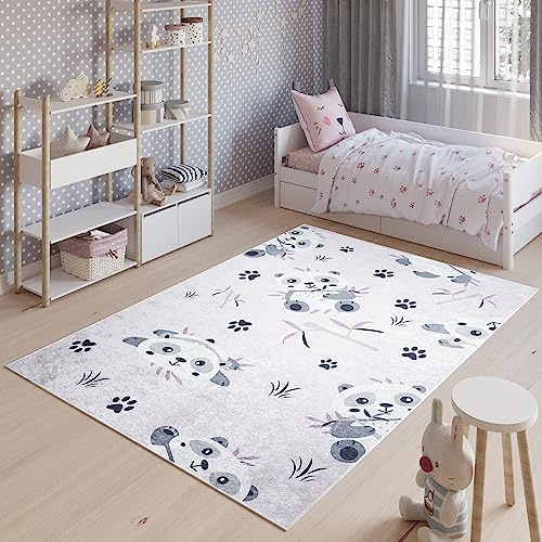 TAPISO Emma Kinderteppich Grau Pandas Antirutsch 80 x 150 cm | Waschbar bei 30 Grad bedruckter Kinderteppich Kinderzimmer Jugendzimmer Modern OEKO-TEX