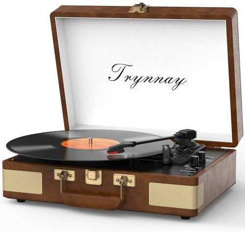 Tyranny Record Player 3 Speed Bluetooth Portable Suitcase Vinyl Player with Built-in Speakers Turntable Enhanced Audio Sound Retro Almond