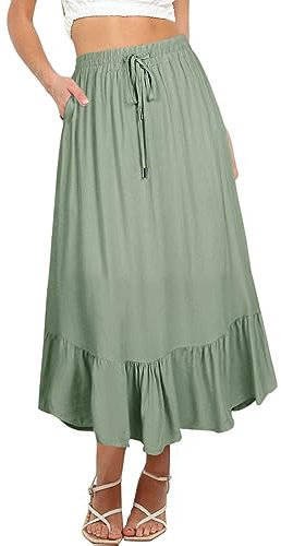 REORIA Damen Röcke Elastische Maxiröcke mit hoher Taille für Damen Lange Röcke mit Taschen Grün Grau S