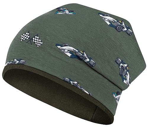 Smarilla Kinder Beanie Übergangsmütze Jungen, 54-56, Khaki-Rennauto